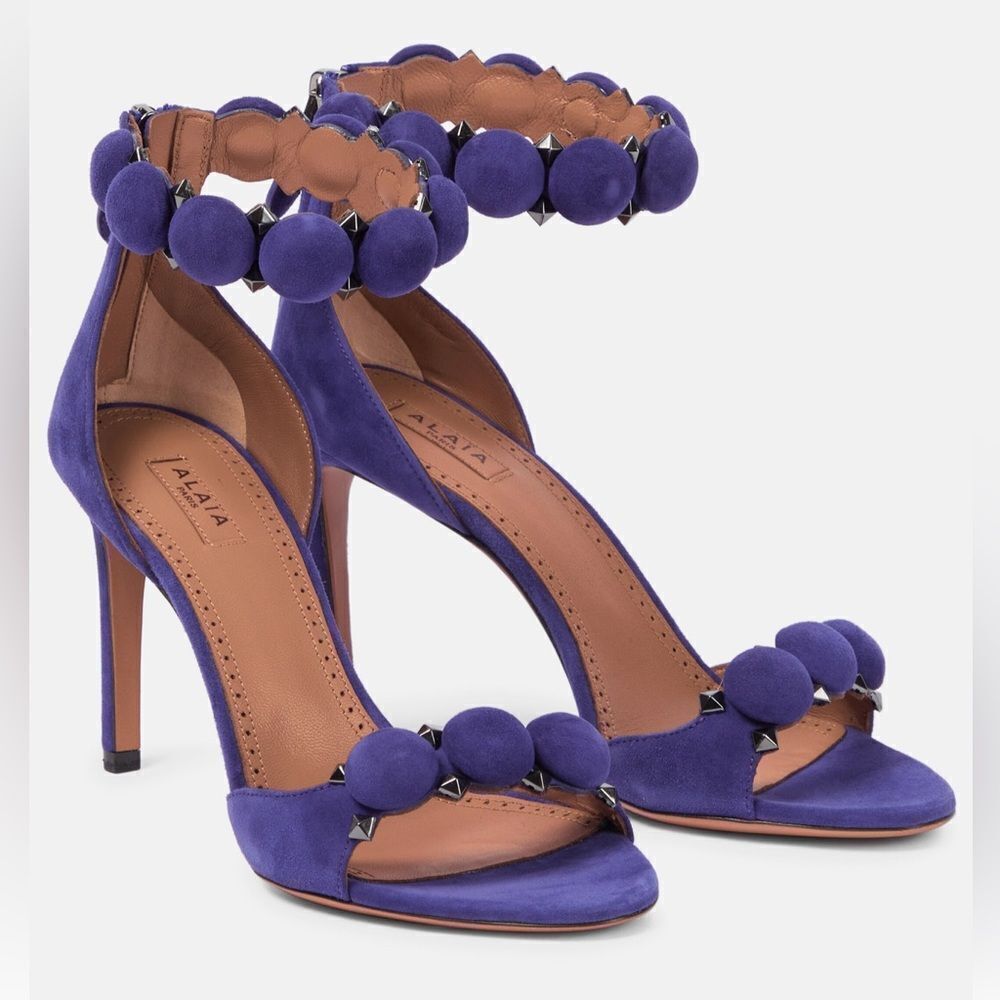 Alaia Bombe 90 Ankle-Strap Studded Suede Leather Sandals size 36.5
